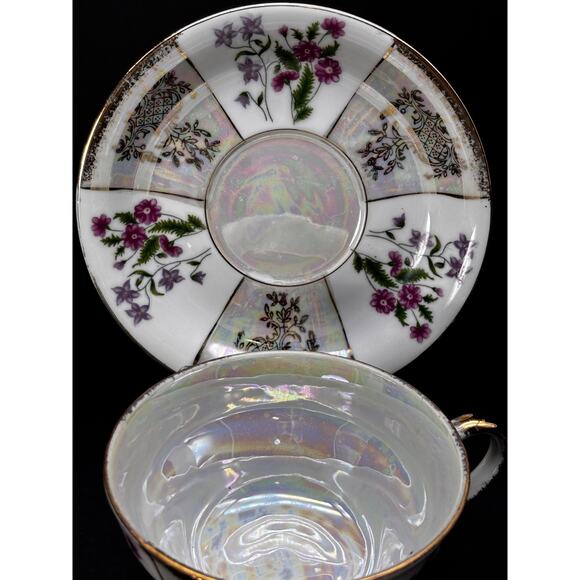 Vtg 3 Footed Teacup Saucer Pearlescent Irridescent Luster ware Floral Gold Trim - Picture 9 of 15